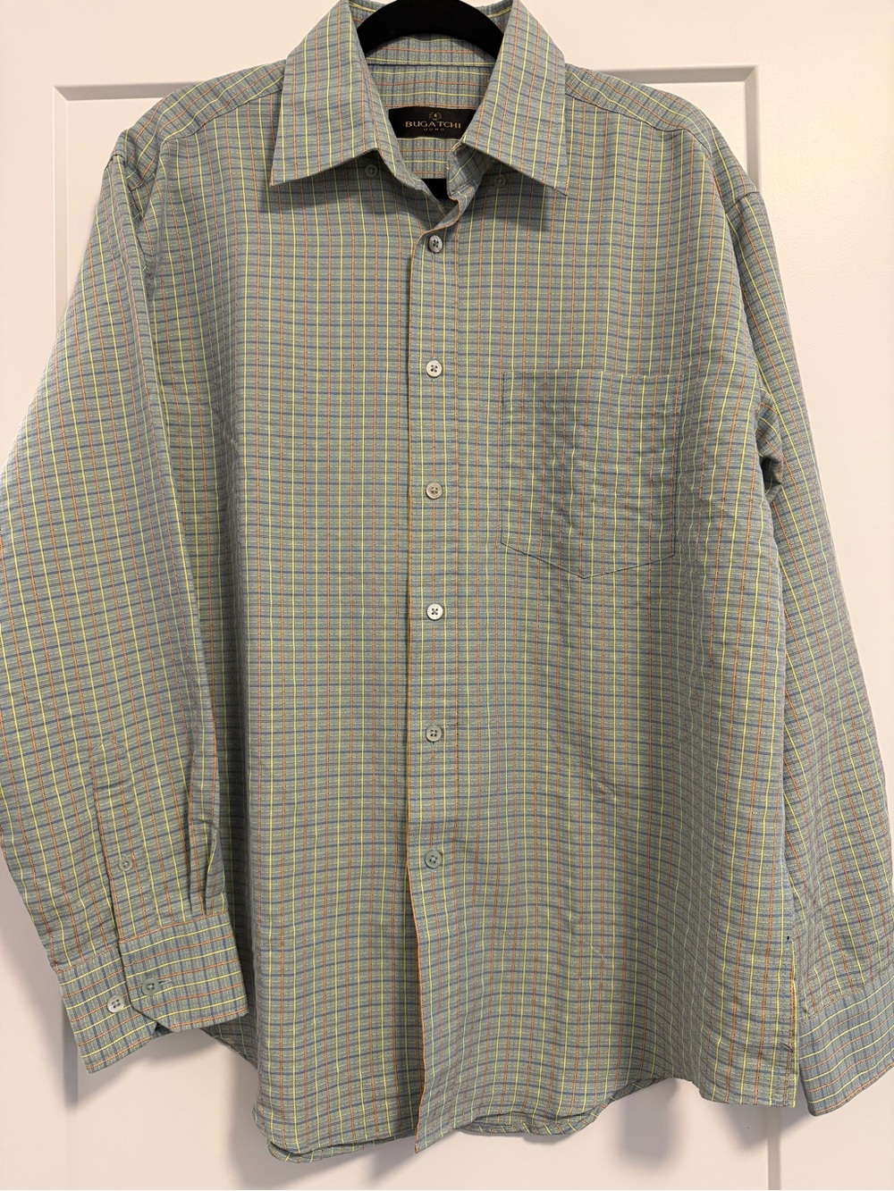 Bugatchi Men's Green Plaid Dress Shirt with Yellow & Blue Trim